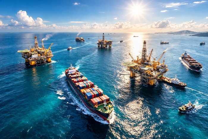 نمایی از کشتیهای تجاری و سکوهای دریایی به عنوان نماد اقتصاد دریا محور
